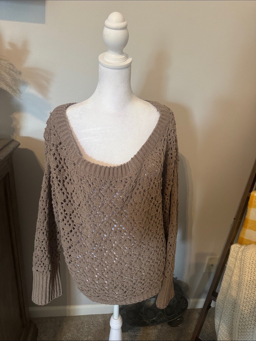 Open-Knit Scoop Neck Sweater in Taupe